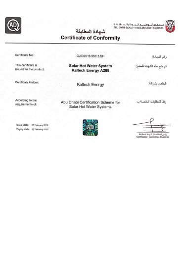 Solar Water System Kaltech Energy A208 - Certificate of Conformity